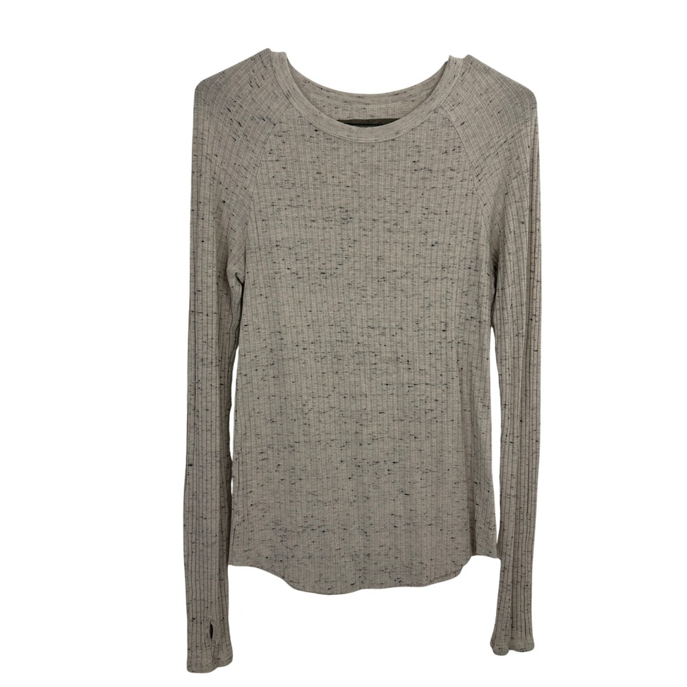 Enza Costa Top Womens XS Tan Ribbed Knit Thumbhole Long Sleeve Speckled Print